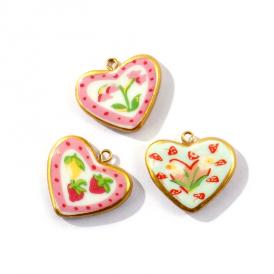 Picture of Eco-friendly PVD Waterproof Anti-Tarnish Hypoallergenic 304 Stainless Steel & Ceramic Valentine's Day Charms Wholesale 18K Real Gold Plated Multicolor Heart Printed 27mm x 24mm