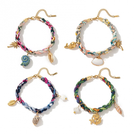 Picture of Wholesale Marine Animal Multicolor 304 Stainless Steel & Polyester Braided Cord Station Bracelet, 18K Gold Plated Eco-friendly PVD, Women's Ocean Jewelry Stylish Gift Jewelry Supply, 20cm(7.9") + 5cm(2") long
