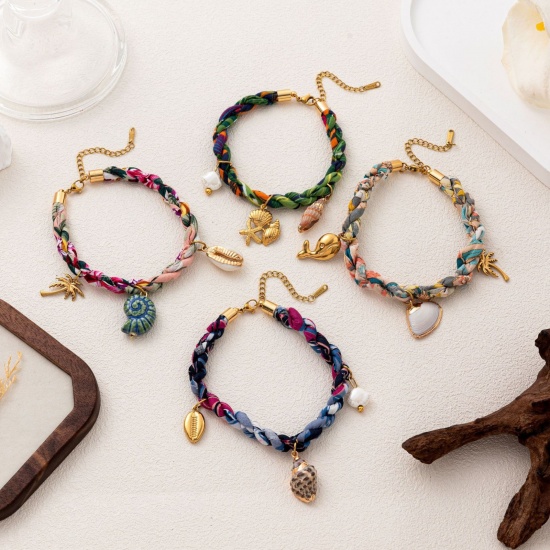 Picture of Wholesale Marine Animal Multicolor 304 Stainless Steel & Polyester Braided Cord Station Bracelet, 18K Gold Plated Eco-friendly PVD, Women's Ocean Jewelry Stylish Gift Jewelry Supply, 20cm(7.9") + 5cm(2") long