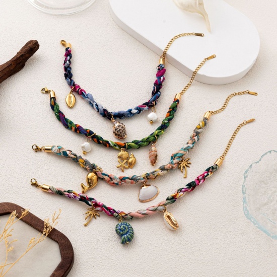 Picture of Wholesale Marine Animal Multicolor 304 Stainless Steel & Polyester Braided Cord Station Bracelet, 18K Gold Plated Eco-friendly PVD, Women's Ocean Jewelry Stylish Gift Jewelry Supply, 20cm(7.9") + 5cm(2") long