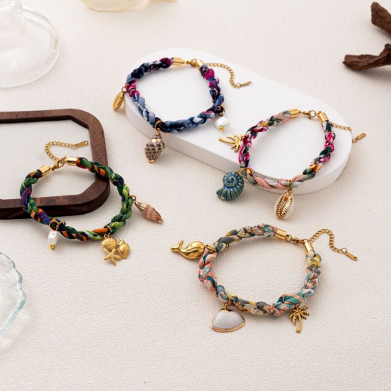 Picture of Wholesale Marine Animal Multicolor 304 Stainless Steel & Polyester Braided Cord Station Bracelet, 18K Gold Plated Eco-friendly PVD, Women's Ocean Jewelry Stylish Gift Jewelry Supply, 20cm(7.9") + 5cm(2") long