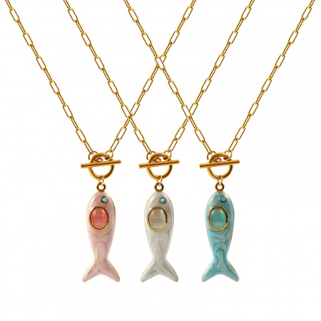 Immagine di Pesce Smalto Blu Strass Collana con Ciondolo All'Ingrosso, 18K Vero Oro Placcato 304 Acciaio Inossidabile Catena a Graffetta, Donne PVD Ecologica Impermeabile Anti-Ossidante Ipoallergenico Gioielli Oceanici Elegante Regalo Gioielli Per Rivenditore, 45cm Lunghezza, 1 Pz