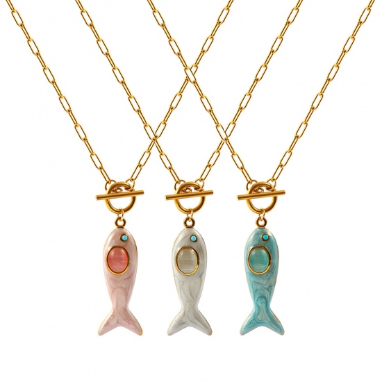 Immagine di Pesce Smalto Blu Strass Collana con Ciondolo All'Ingrosso, 18K Vero Oro Placcato 304 Acciaio Inossidabile Catena a Graffetta, Donne PVD Ecologica Impermeabile Anti-Ossidante Ipoallergenico Gioielli Oceanici Elegante Regalo Gioielli Per Rivenditore, 45cm Lunghezza, 1 Pz