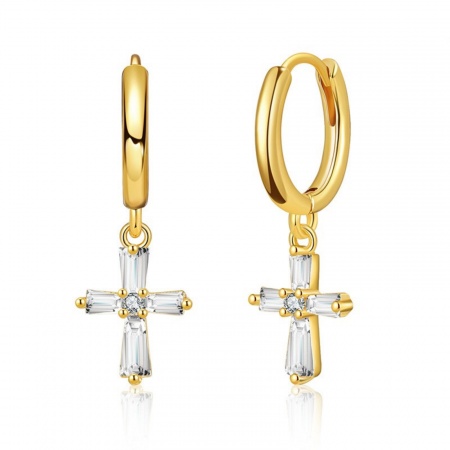 Immagine di Religione Elegante Orecchini Circolari All'Ingrosso, Croce Trasparente Circonio Cubico Placcato Oro 18K Ottone, Donne Regalo Fornitura di Gioielli, 1 Paio