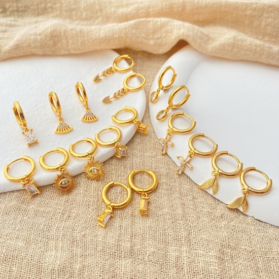 Picture of Wholesale Religious Stylish Hoop Earrings, Cross Clear Cubic Zirconia 18K Gold Plated Brass, Women's Gift Jewelry Supply