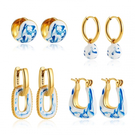 Immagine di Squisito Elegante Orecchini Circolari All'Ingrosso, Blu Smalto Placcato Oro 18K Ceramica & Ottone, Donne Regalo Fornitura di Gioielli, 1 Paio