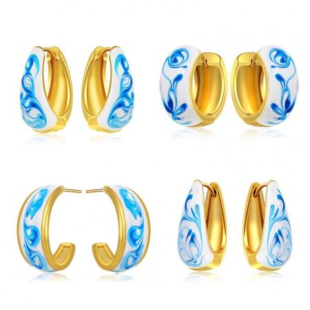 Immagine di Squisito Elegante Orecchini Circolari All'Ingrosso, Blu Smalto Placcato Oro 18K Ceramica & Ottone, Donne Regalo Fornitura di Gioielli, 1 Paio