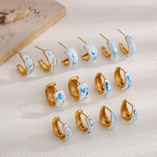 Picture of Wholesale Exquisite Dainty Hoop Earrings, Blue Enamel 18K Gold Plated Ceramic & Brass, Women's Gift Jewelry Supply