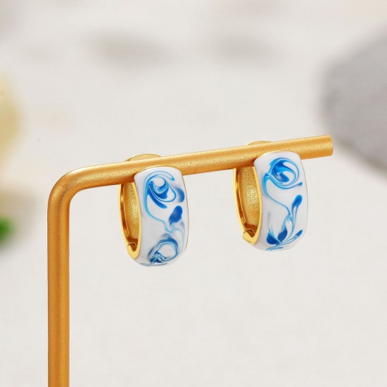 Picture of Wholesale Exquisite Dainty Hoop Earrings, Blue Enamel 18K Gold Plated Ceramic & Brass, Women's Gift Jewelry Supply