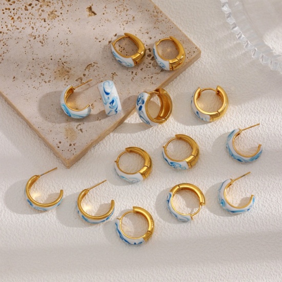 Picture of Wholesale Exquisite Dainty Hoop Earrings, Blue Enamel 18K Gold Plated Ceramic & Brass, Women's Gift Jewelry Supply