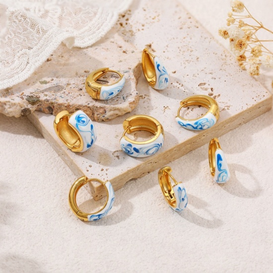 Picture of Wholesale Exquisite Dainty Hoop Earrings, Blue Enamel 18K Gold Plated Ceramic & Brass, Women's Gift Jewelry Supply