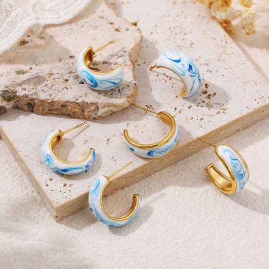 Picture of Wholesale Exquisite Dainty Hoop Earrings, Blue Enamel 18K Gold Plated Ceramic & Brass, Women's Gift Jewelry Supply