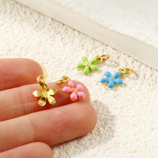 Imagen de 2 Unidades Respetuoso del Medio Ambiente Latón Colgantes Al Por Mayor 18K Oro Real Chapado Esmalte Flor Mini 14mm x 9mm