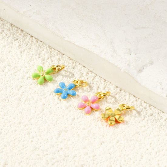Imagen de 2 Unidades Respetuoso del Medio Ambiente Latón Colgantes Al Por Mayor 18K Oro Real Chapado Esmalte Flor Mini 14mm x 9mm