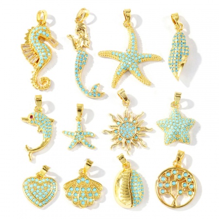 Imagen de 2 Unidades Latón Colgantes Charms Al Por Mayor 18K Oro Real Chapado Micro Pave Azul Circón Artificial