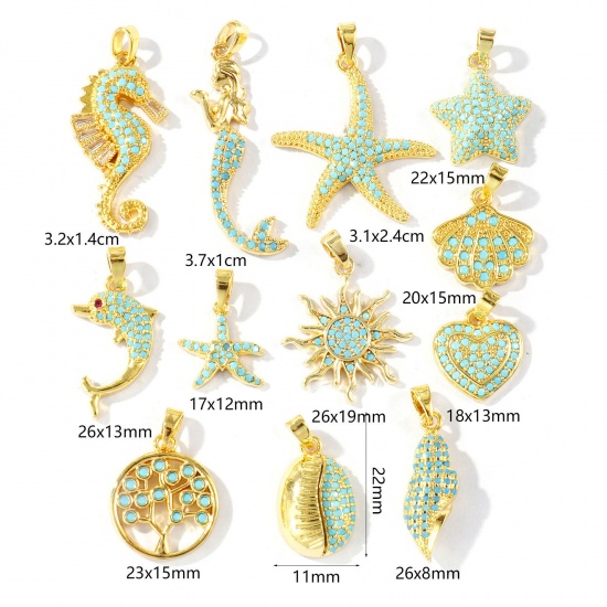 Imagen de 2 Unidades Latón Colgantes Charms Al Por Mayor 18K Oro Real Chapado Micro Pave Azul Circón Artificial