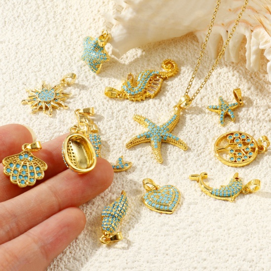 Imagen de 2 Unidades Latón Colgantes Charms Al Por Mayor 18K Oro Real Chapado Micro Pave Azul Circón Artificial