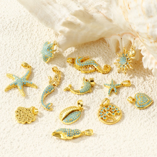 Imagen de 2 Unidades Latón Colgantes Charms Al Por Mayor 18K Oro Real Chapado Micro Pave Azul Circón Artificial