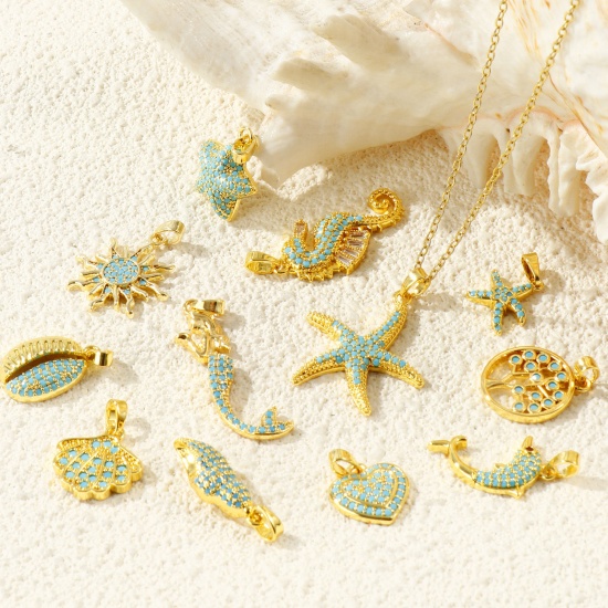 Imagen de 2 Unidades Latón Colgantes Charms Al Por Mayor 18K Oro Real Chapado Micro Pave Azul Circón Artificial