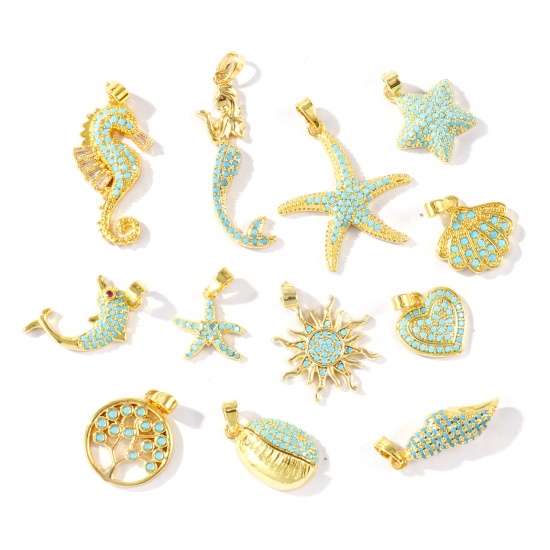 Imagen de 2 Unidades Latón Colgantes Charms Al Por Mayor 18K Oro Real Chapado Micro Pave Azul Circón Artificial