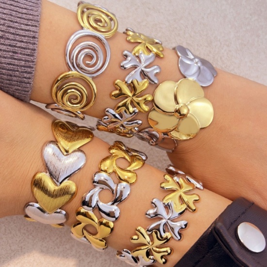 Picture of Wholesale Two Tone 304 Stainless Steel Open Cuff Bangles Bracelets, Silver Tone & 18K Gold Plated Eco-friendly PVD, Women's Exquisite Stylish Gift Jewelry Supply