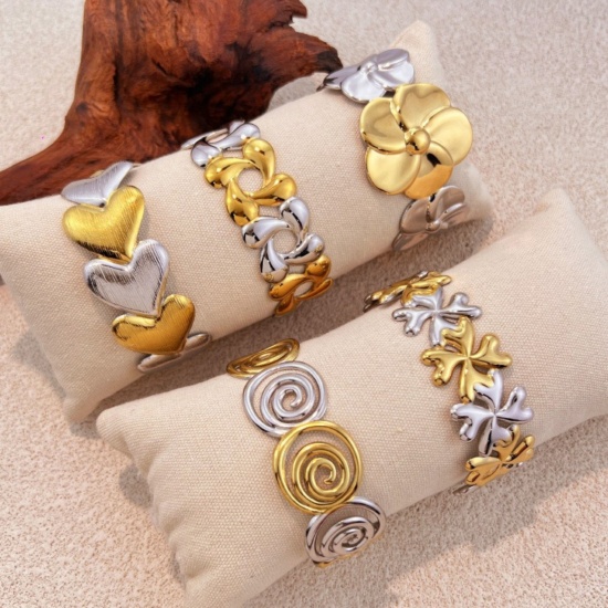 Picture of Wholesale Two Tone 304 Stainless Steel Open Cuff Bangles Bracelets, Silver Tone & 18K Gold Plated Eco-friendly PVD, Women's Exquisite Stylish Gift Jewelry Supply