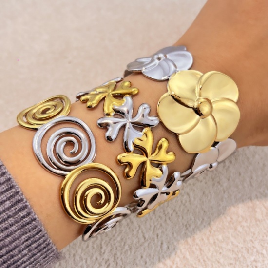 Picture of Wholesale Two Tone 304 Stainless Steel Open Cuff Bangles Bracelets, Silver Tone & 18K Gold Plated Eco-friendly PVD, Women's Exquisite Stylish Gift Jewelry Supply