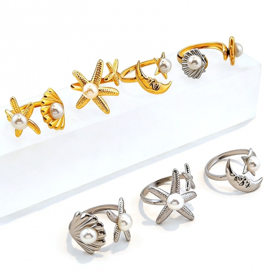 Picture of Wholesale Women's Gift Starfish Shell Imitation Pearl Open Adjustable Rings, 304 Stainless Steel, Eco-friendly Ocean Jewelry Stylish Jewelry Supply