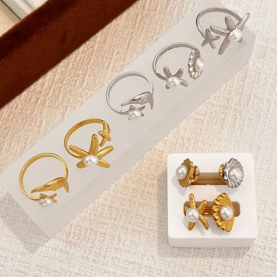 Picture of Wholesale Women's Gift Starfish Shell Imitation Pearl Open Adjustable Rings, 304 Stainless Steel, Eco-friendly Ocean Jewelry Stylish Jewelry Supply