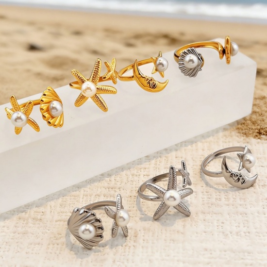 Picture of Wholesale Women's Gift Starfish Shell Imitation Pearl Open Adjustable Rings, 304 Stainless Steel, Eco-friendly Ocean Jewelry Stylish Jewelry Supply