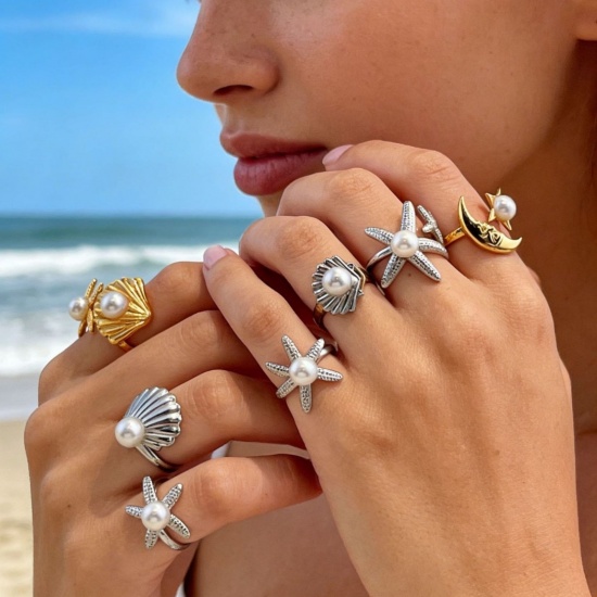 Picture of Wholesale Women's Gift Starfish Shell Imitation Pearl Open Adjustable Rings, 304 Stainless Steel, Eco-friendly Ocean Jewelry Stylish Jewelry Supply