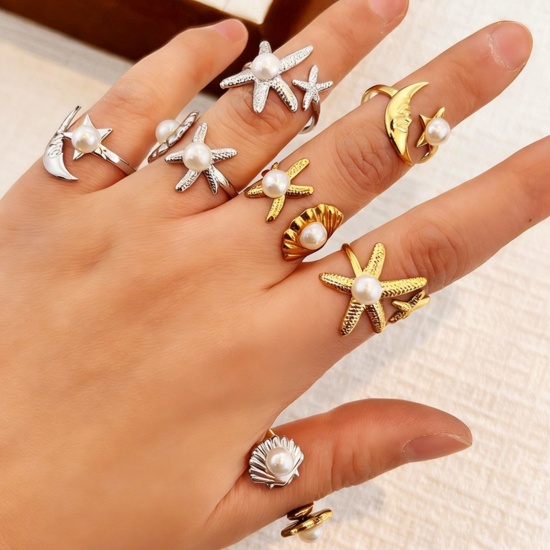 Picture of Wholesale Women's Gift Starfish Shell Imitation Pearl Open Adjustable Rings, 304 Stainless Steel, Eco-friendly Ocean Jewelry Stylish Jewelry Supply
