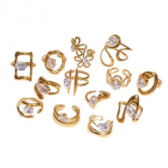 Picture of Wholesale Women's Gift Clear Rhinestone Open Adjustable Rings, 18K Gold Plated 304 Stainless Steel, Eco-friendly PVD Exquisite Stylish Jewelry Supply