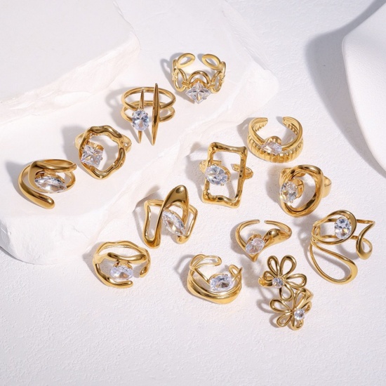 Picture of Wholesale Women's Gift Clear Rhinestone Open Adjustable Rings, 18K Gold Plated 304 Stainless Steel, Eco-friendly PVD Exquisite Stylish Jewelry Supply