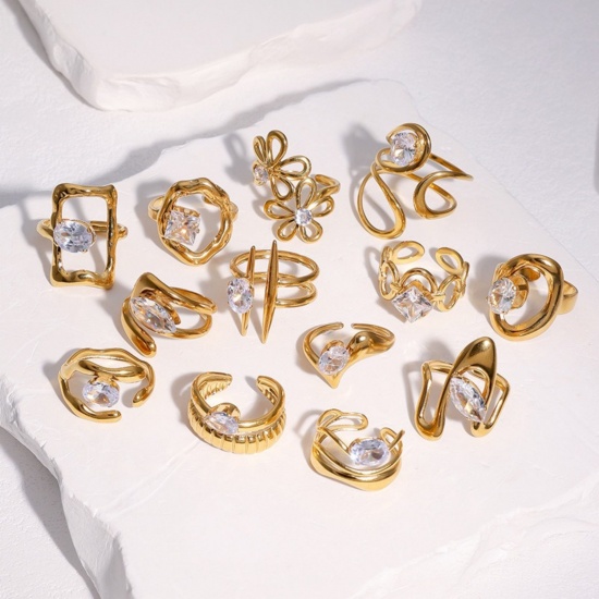 Picture of Wholesale Women's Gift Clear Rhinestone Open Adjustable Rings, 18K Gold Plated 304 Stainless Steel, Eco-friendly PVD Exquisite Stylish Jewelry Supply