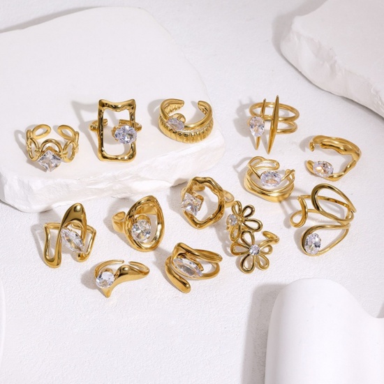Picture of Wholesale Women's Gift Clear Rhinestone Open Adjustable Rings, 18K Gold Plated 304 Stainless Steel, Eco-friendly PVD Exquisite Stylish Jewelry Supply
