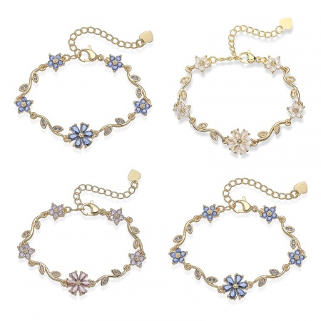 Picture of Wholesale Flower Brass & Rhinestone Bracelets, Multicolor Women's Pastoral Style Stylish Gift Jewelry Supply, 14cm(5.5") + 5cm(2") long