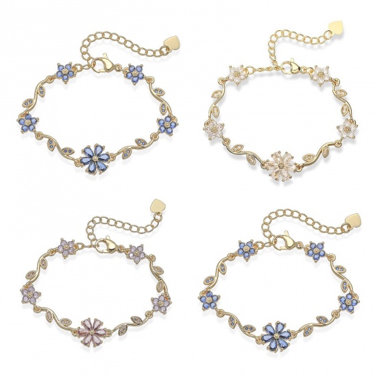 Picture of Wholesale Flower Brass & Rhinestone Bracelets, Multicolor Women's Pastoral Style Stylish Gift Jewelry Supply, 14cm(5.5") + 5cm(2") long