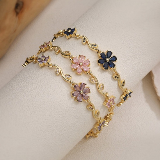 Picture of Wholesale Flower Brass & Rhinestone Bracelets, Multicolor Women's Pastoral Style Stylish Gift Jewelry Supply, 14cm(5.5") + 5cm(2") long