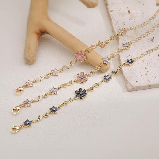 Picture of Wholesale Flower Brass & Rhinestone Bracelets, Multicolor Women's Pastoral Style Stylish Gift Jewelry Supply, 14cm(5.5") + 5cm(2") long