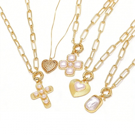 Picture of Wholesale Acrylic Imitation Pearl Pendant Charm Necklace, 18K Gold Plated Brass Paperclip Link Chain, Women's Religious Stylish Gift Jewelry For Retailer, 50cm(19.7") long