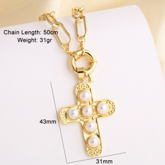 Picture of Wholesale Acrylic Imitation Pearl Pendant Charm Necklace, 18K Gold Plated Brass Paperclip Link Chain, Women's Religious Stylish Gift Jewelry For Retailer, 50cm(19.7") long