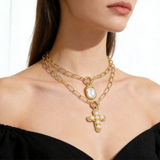 Picture of Wholesale Acrylic Imitation Pearl Pendant Charm Necklace, 18K Gold Plated Brass Paperclip Link Chain, Women's Religious Stylish Gift Jewelry For Retailer, 50cm(19.7") long