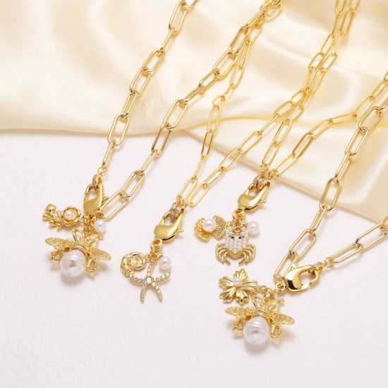 Picture of Wholesale Acrylic Imitation Pearl Pendant Charm Necklace, 18K Gold Plated Brass Paperclip Link Chain, Women's Ocean Jewelry Stylish Gift Jewelry For Retailer