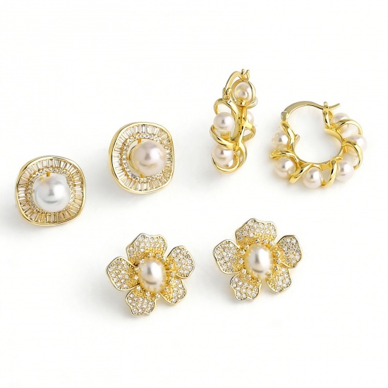 Imagen de Exquisito Elegante Pendientes de Poste de Oreja Al Por Mayor, Acrílico Imitación de Perla Chapado en Oro de 18K Latón, Regalo Suministro de Joyería, 1 Par