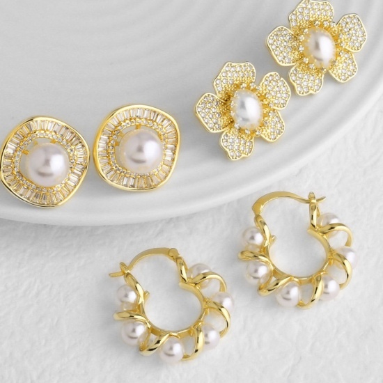 Imagen de Exquisito Elegante Pendientes de Poste de Oreja Al Por Mayor, Acrílico Imitación de Perla Chapado en Oro de 18K Latón, Regalo Suministro de Joyería, 1 Par