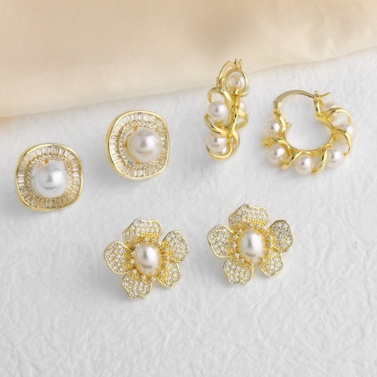 Imagen de Exquisito Elegante Pendientes de Poste de Oreja Al Por Mayor, Acrílico Imitación de Perla Chapado en Oro de 18K Latón, Regalo Suministro de Joyería, 1 Par