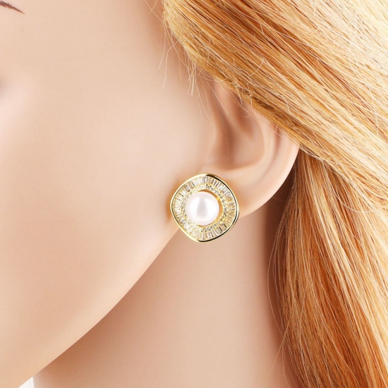 Imagen de Exquisito Elegante Pendientes de Poste de Oreja Al Por Mayor, Acrílico Imitación de Perla Chapado en Oro de 18K Latón, Regalo Suministro de Joyería, 1 Par