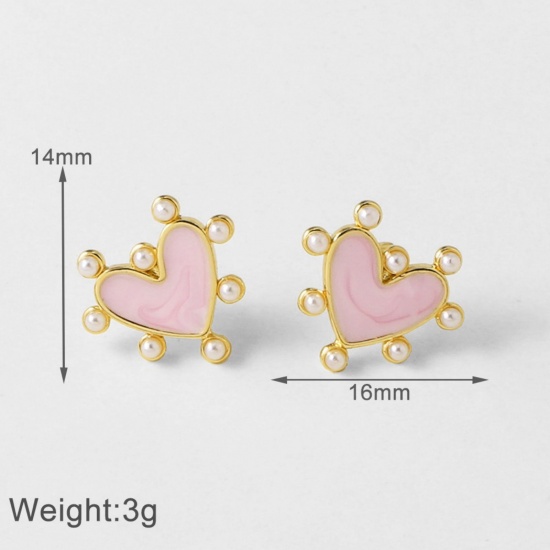 Picture of Wholesale Valentine's Day Stylish Ear Post Stud Earrings, Heart Acrylic Imitation Pearl 18K Gold Plated Brass, Gift Jewelry Supply, 16mm x 14mm