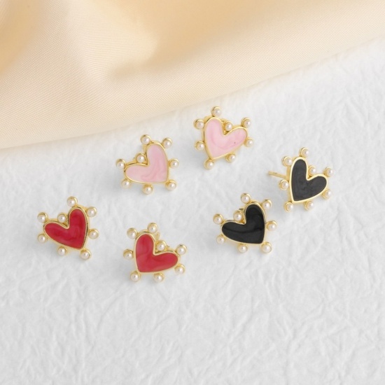 Picture of Wholesale Valentine's Day Stylish Ear Post Stud Earrings, Heart Acrylic Imitation Pearl 18K Gold Plated Brass, Gift Jewelry Supply, 16mm x 14mm